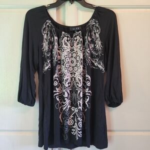 Y2K B.L.E.U. Black Off White Embellished 3/4 Sleeve Blouse Top